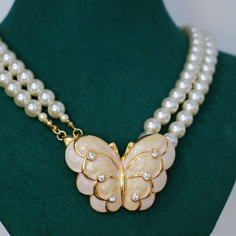 

Vintage Glass Pearl Double Chian Butterfly Necklace For Women Jewelry Runway Party T Show Fancy Trendy Boho INS Japan