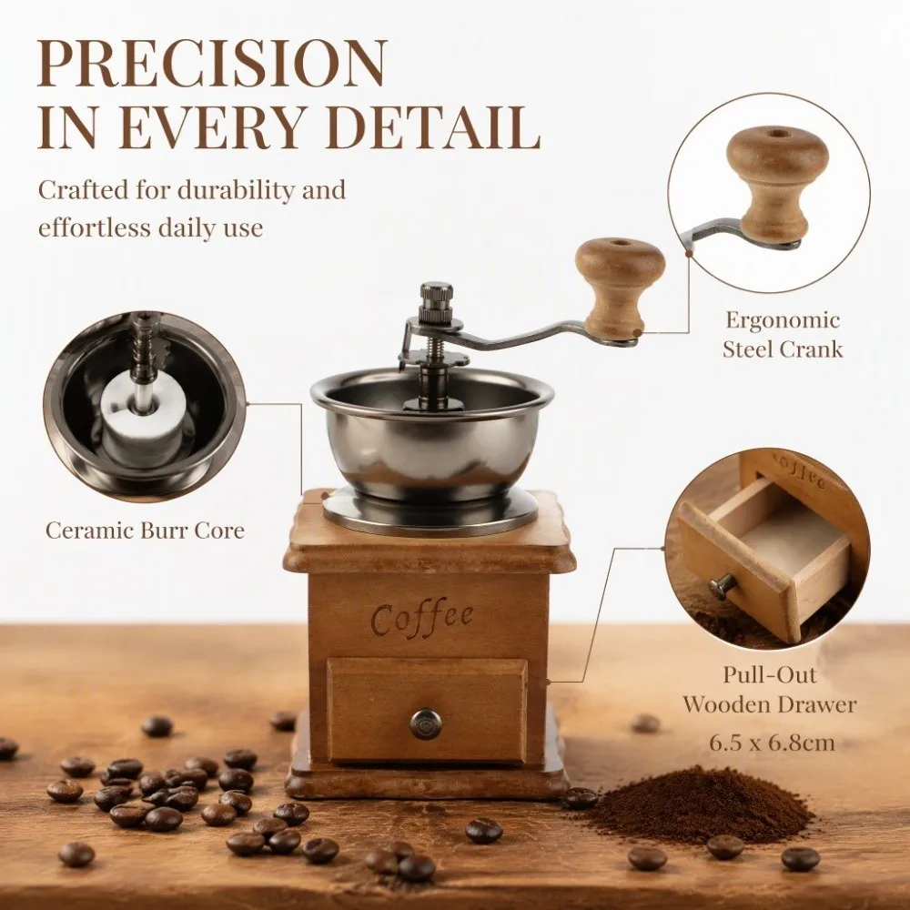 Retro Style Manual Bean Grinder Ceramic Grinding Core Vintage Crude Wood Hand Coffee Grinder Mini Household Portable