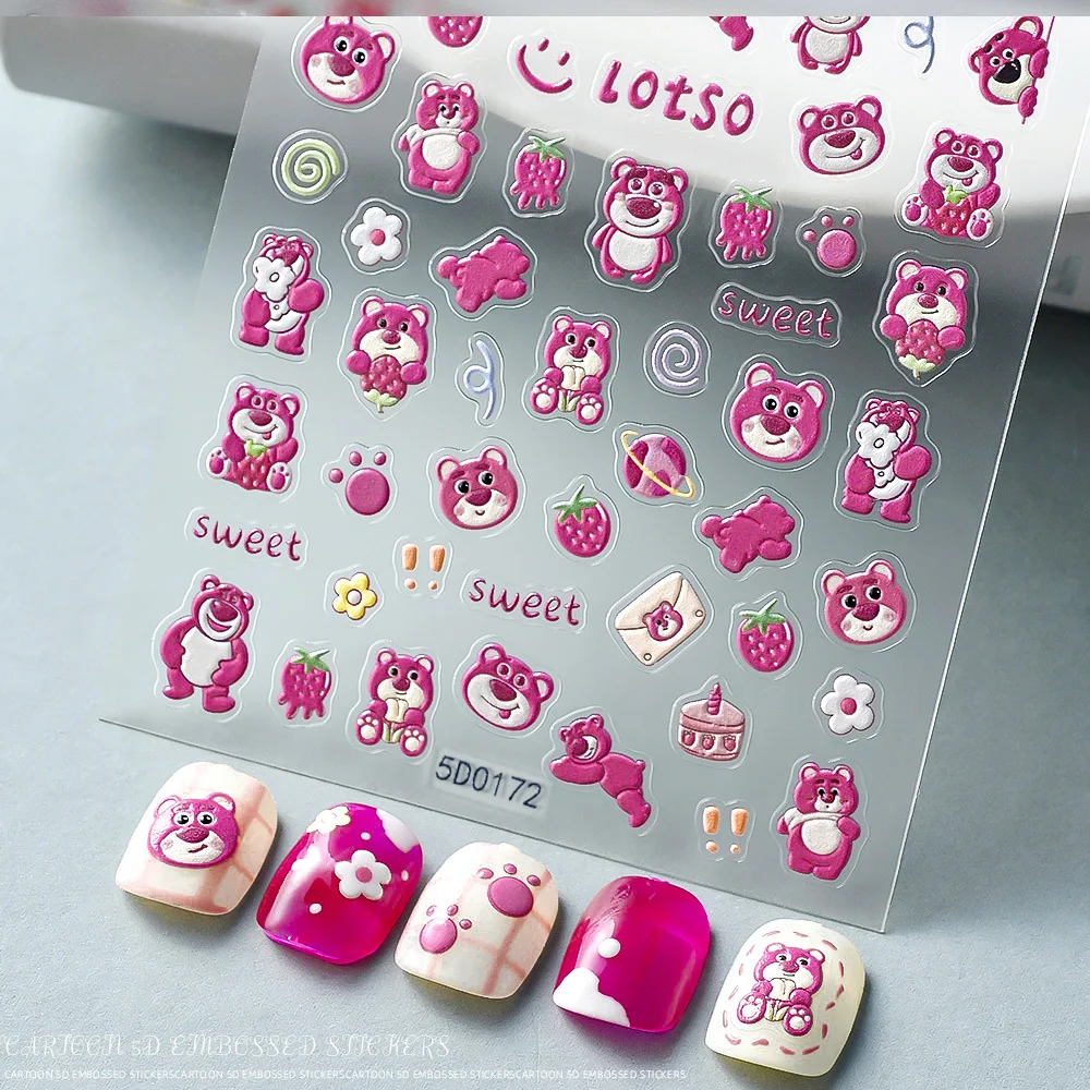 Pegatinas de dibujos animados de oso de fresa de Miniso 5D, 1 piezas, Kawaii, oso/flor/oso rosa, autoadhesivo deslizante, 8x10cm, calcomanía de manicura