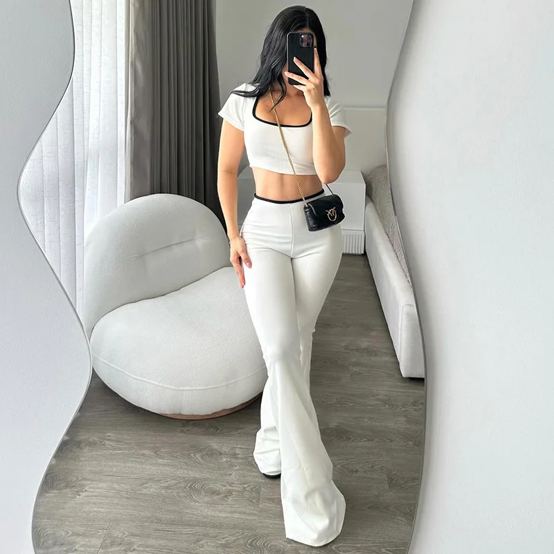 

Women's Two-piece Set with Generous Collar, Short Style, Exposed Navel, Low Waist, Micro Trumpet, Slimming Knit Set