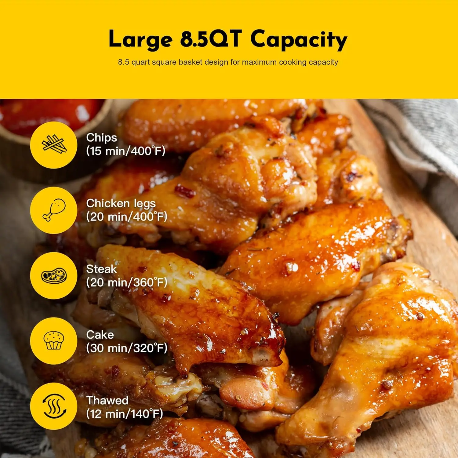 مقلاة هوائية 8.5QT، سعة حجم عائلي مطورة، نافذة مرئية، مقالي هوائية مربعة من الفولاذ المقاوم للصدأ، بقايا إعادة تسخين،
