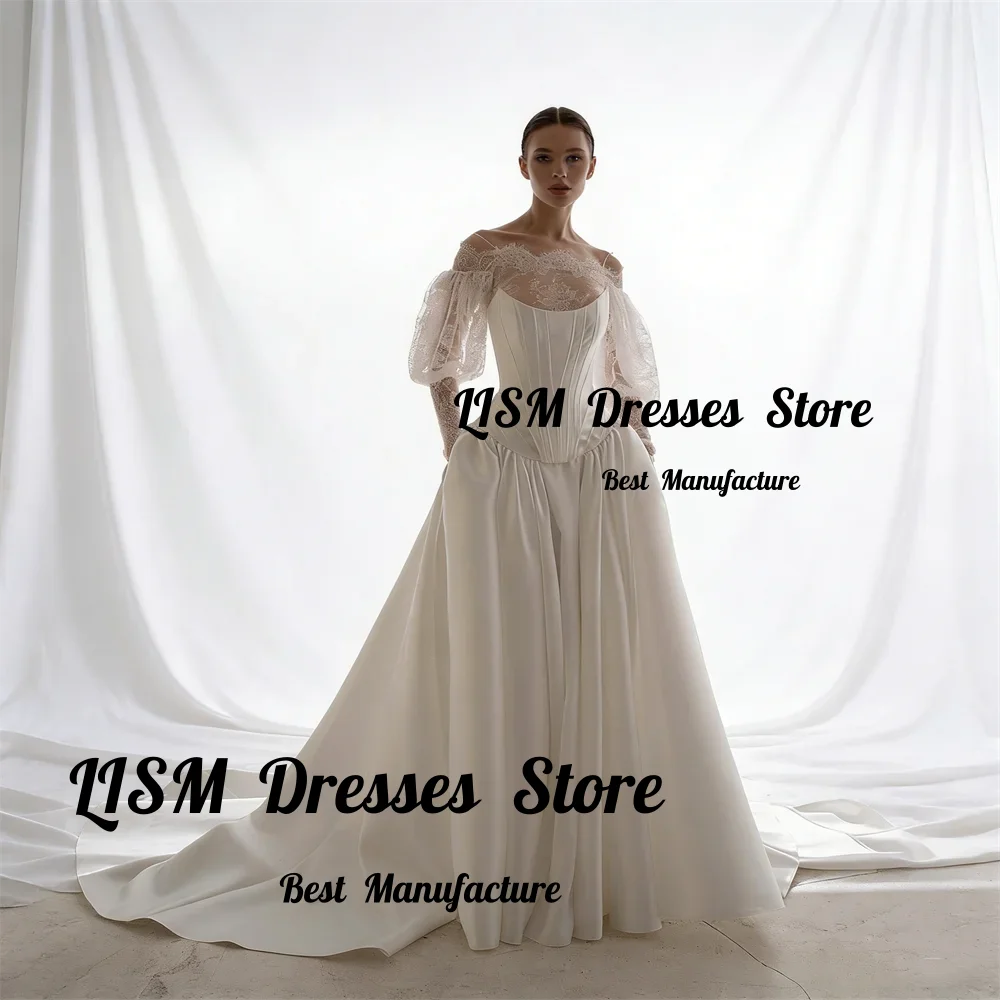 Lism Customized New Arrival Boat Neckline Sleeveless A-Line Satin Wedding Dress Lace-up Back Floor Length Sweep Train Bride Gown