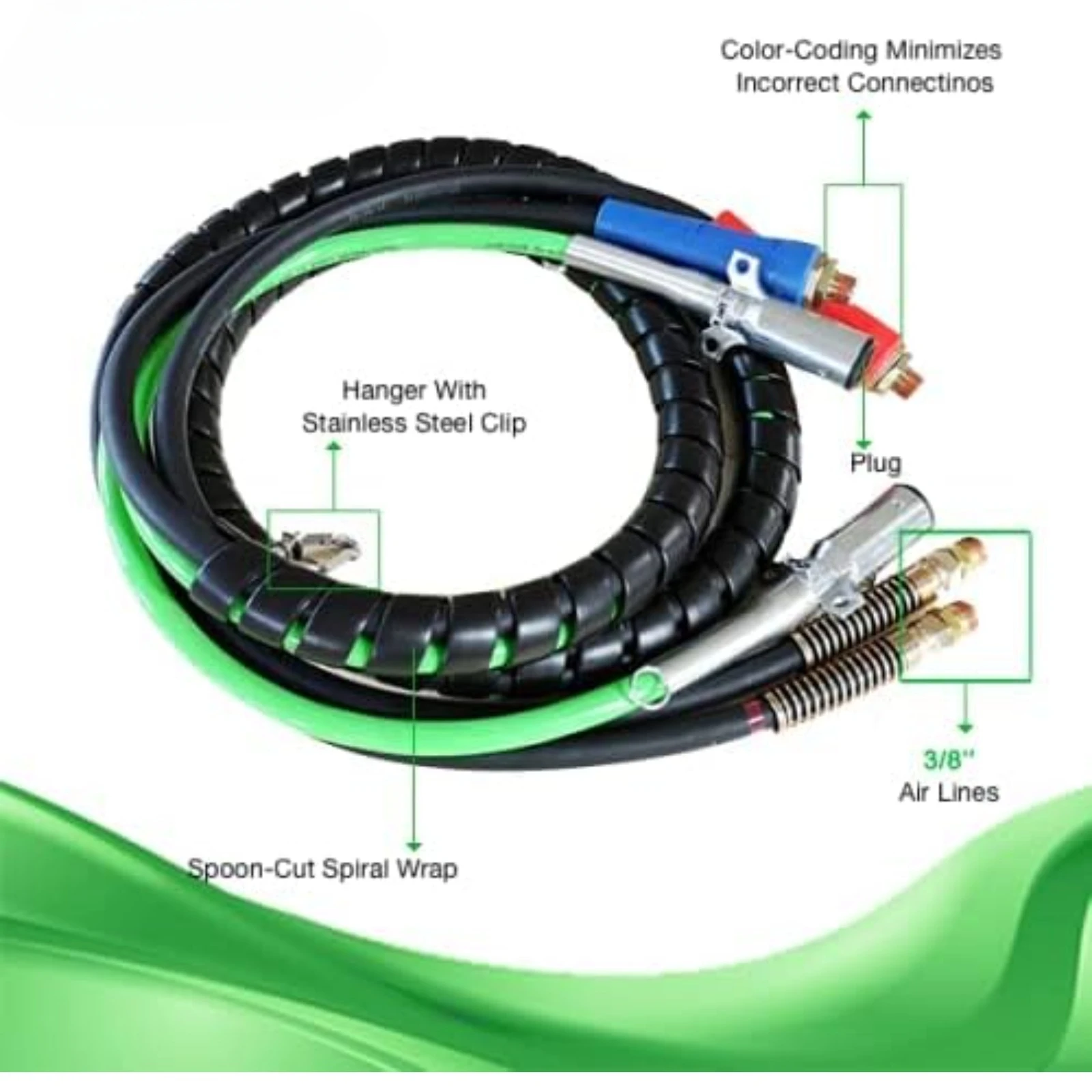 US  3-in-1 Wrap 7 Way Electrical Green ABS Air Brake Lines 12 Ft Truck Tractor Trailer