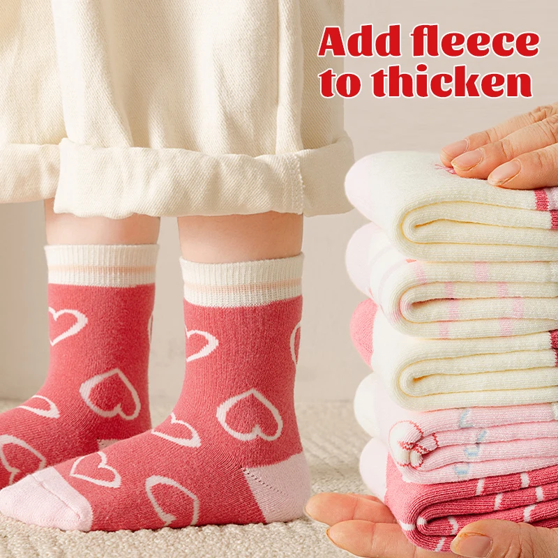 5Pairs Terry Socks for Girl Sweet Love Winter Children's Warm Socks Boutique Kids Clothing Soft Thickened  Fabric 1-14 years