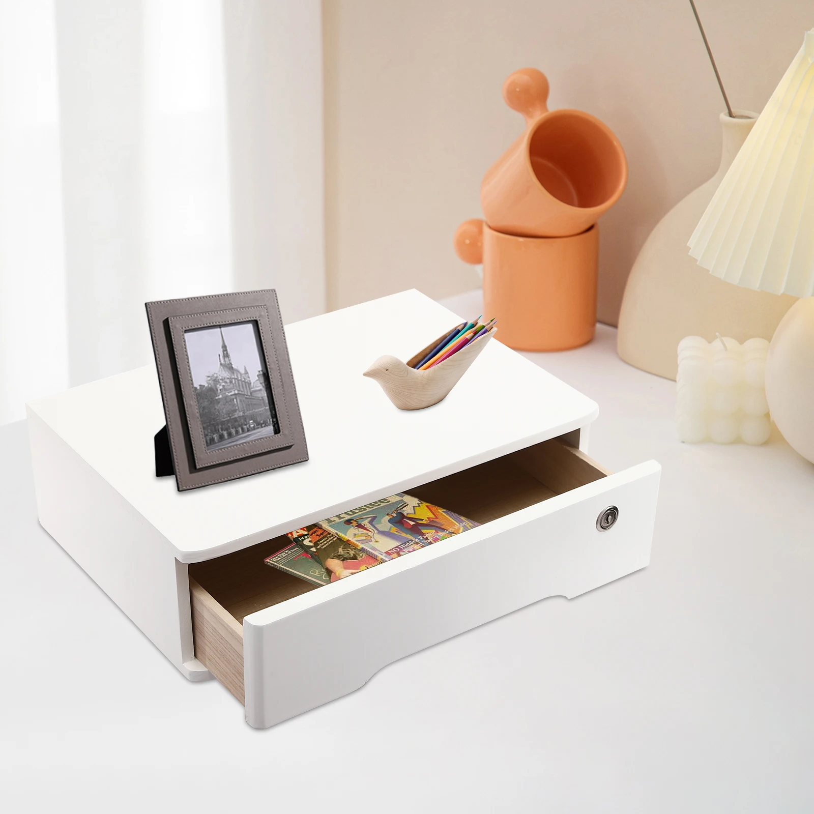 

Деревянный настольный органайзер с запирающимся ящиком для офисных принадлежностей, документов и чеков, белый