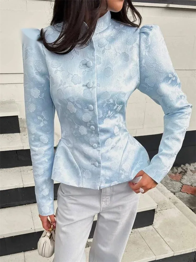 

Jacquard Senior Blazer Autumn Stand Neck Full Sleeve Single Breasted French Retro Top Female Office Lady Slim Outwears