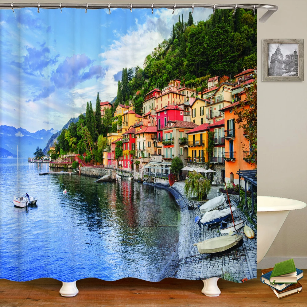 

Italy Shower Curtain Fishing Village Beach Coastal Greece by The Aegean Buildings Sea Scenery Waterproof with Hook Bath Curtains