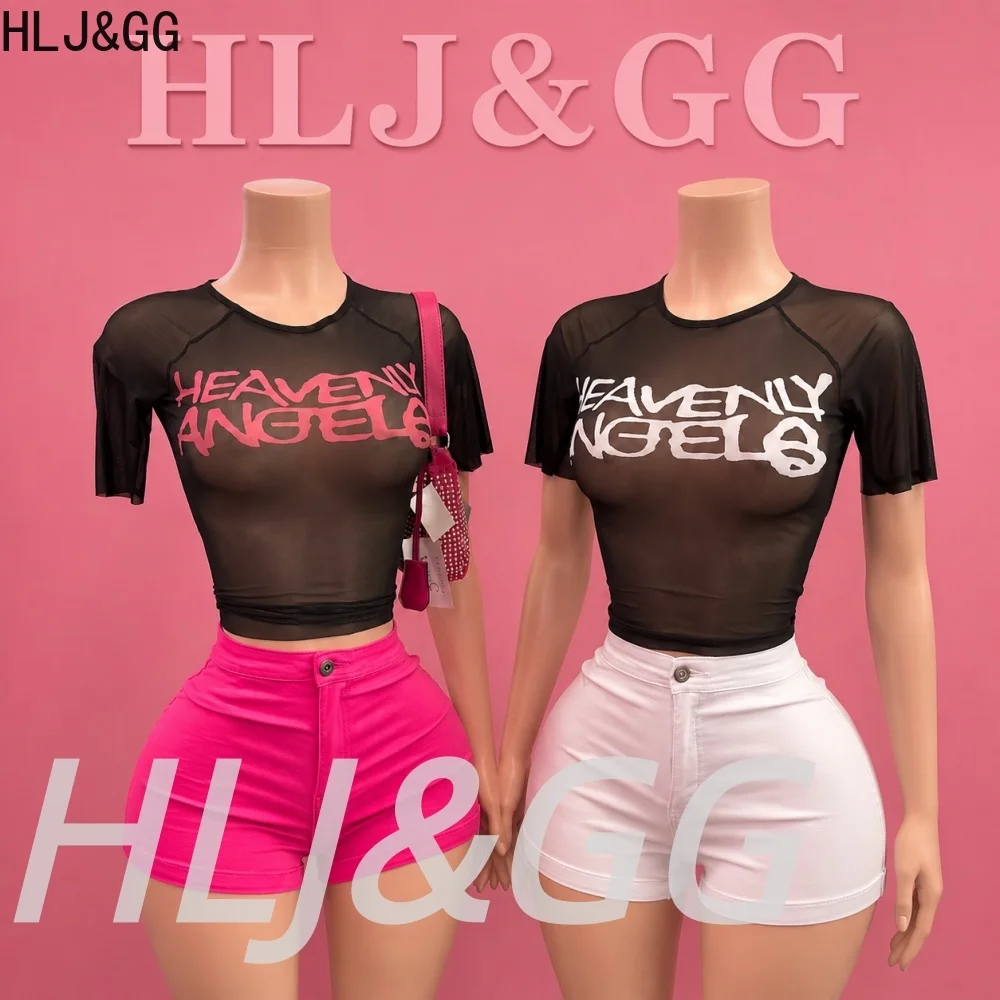 HLJ&GG Fashion Y2K Denim Shorts Two Piece Sets Women Mesh Letter Print Slim Top And Shorts Outfits Trend Lady 2pcs Streetwear