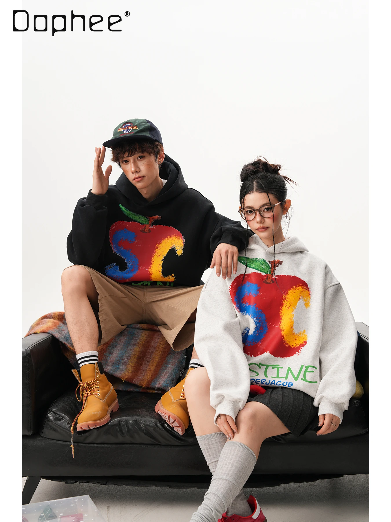 

2025 Spring and Autumn Abstract Apple Print Men's Hooded Sweatshirt Loose Casual Couple White Yellow Long Sleeve Hoodie