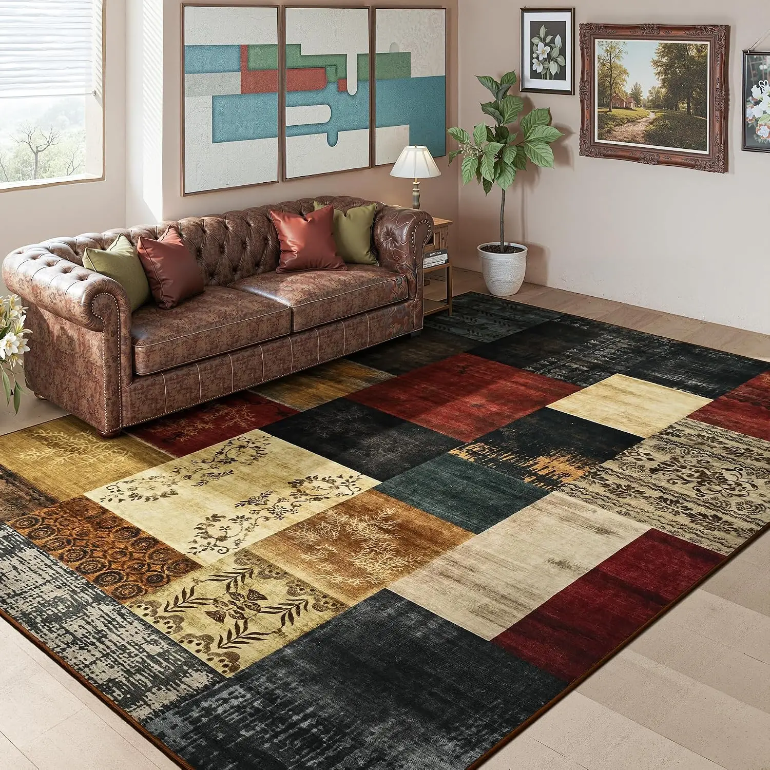 Geometric Colorful Area Rug Washable Non-Slip Modern Patchwork Carpet for Living Room Bedroom Dining Room Office Decor
