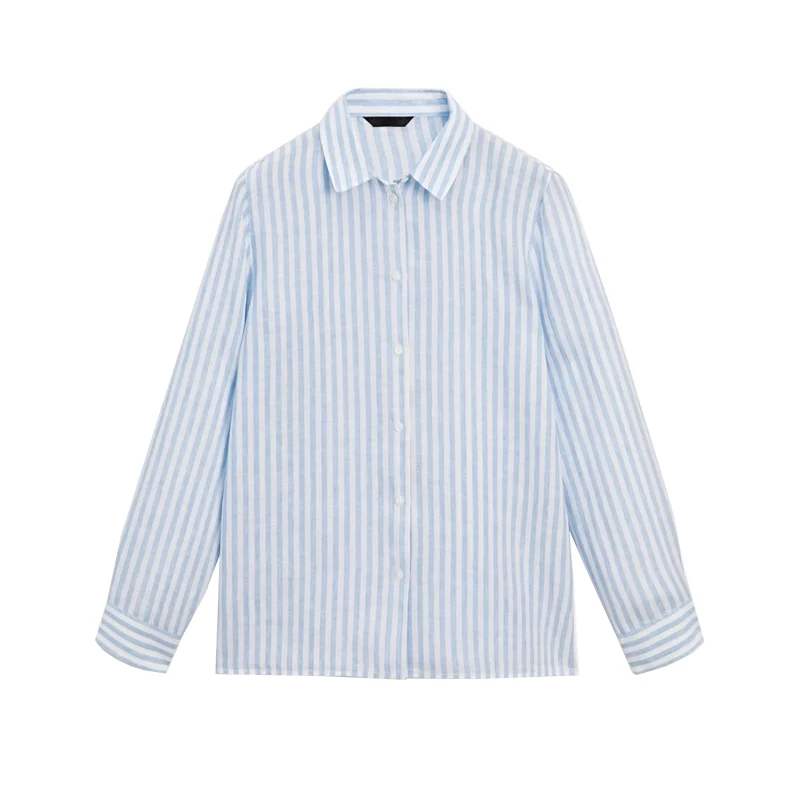 

New Arrival Spring Summer Blue Comfortable Linen Blend Striped irt Commute Sle Straight Cut Long Sve Collar Regul...