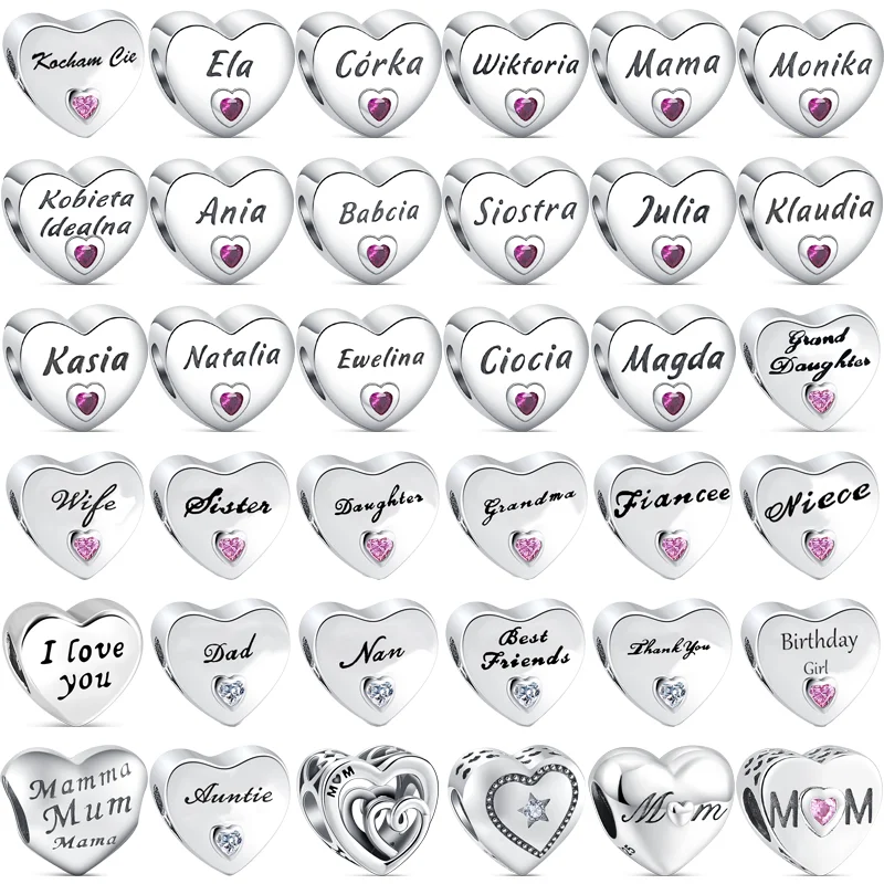 100% 925 Silver Heart Shaped Mom Dad Friend Birthday Girl Love You Classic DIY Beads Fit Original Pandora Charm Bracelet Jewelry