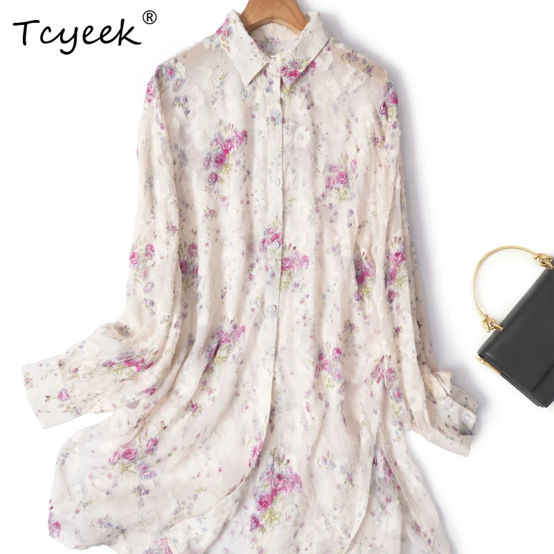

Tcyeek 100% Mulberry Silk Spring Summer Polo Collar Long Sleeved Floral Loose Sun Protection Medium Long Women's Shirts 여름옷 셔츠
