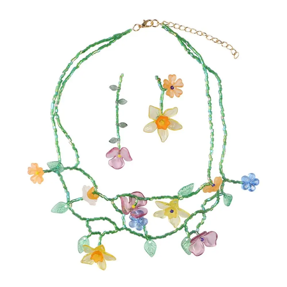 Minority Design Resin Flower Necklace Handmade Korean Style Beaded Dangle Earring Jewelry Accessories Tassel Asymmetric Earrings
