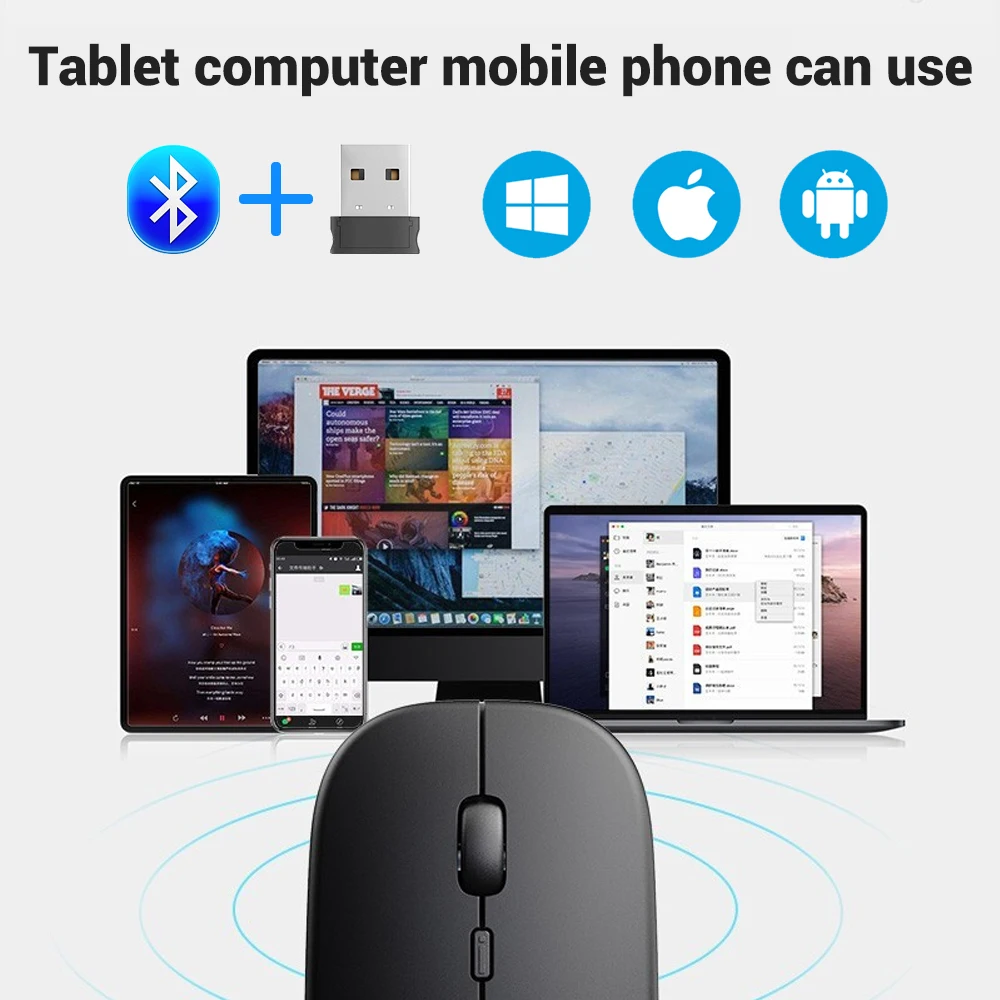 Mouse Bluetooth sem fio recarregável, Ratos ergonômicos silenciosos portáteis para computador iPad, laptop, tablet, telefone, jogos de escritório