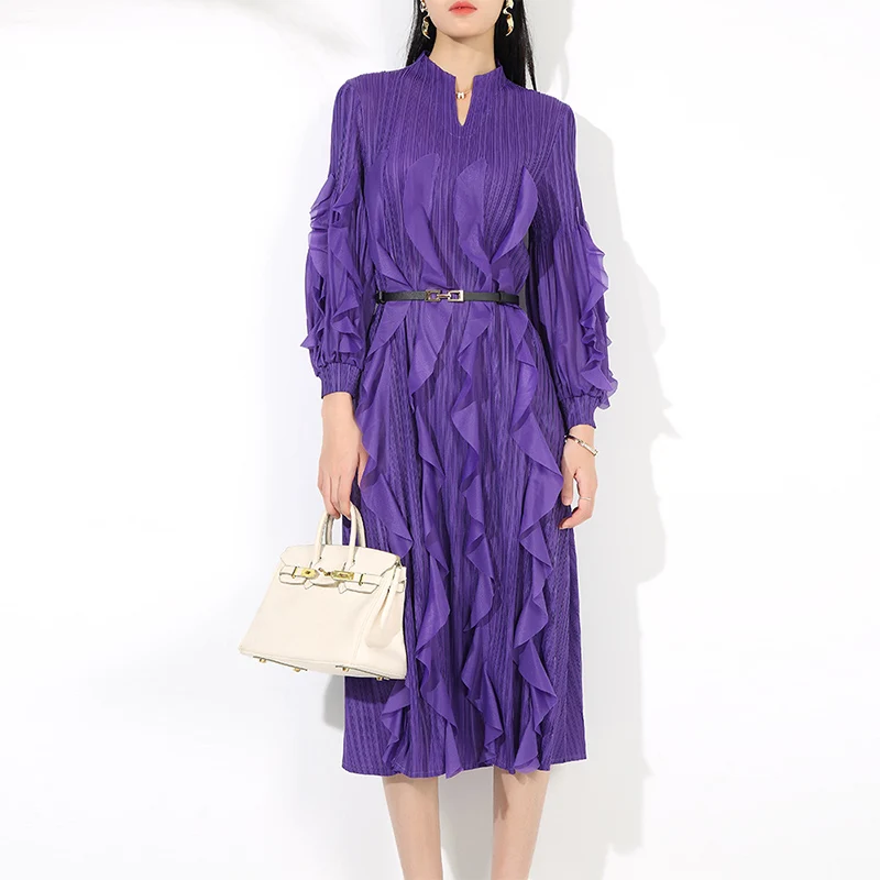 Factory Direct Sale High Quality Fashion Design Women Pleated Dress With Belt Cascading Ruffle Casual Dress Elegant Dress