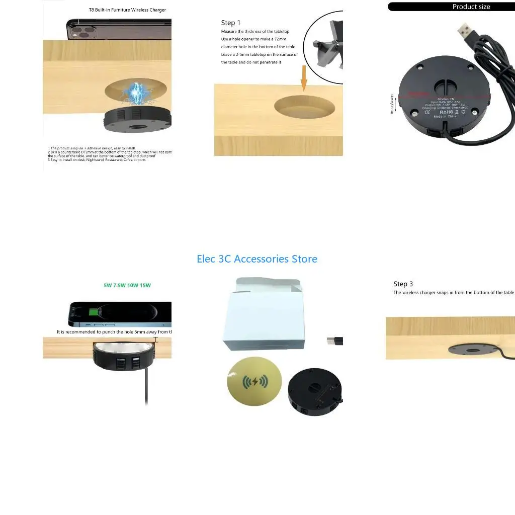 Y51A 15W Powerful Wireless Charging Adapter Desk Embedded Support Output 5W 7.5W 10W 15W For Efficient Device Charging