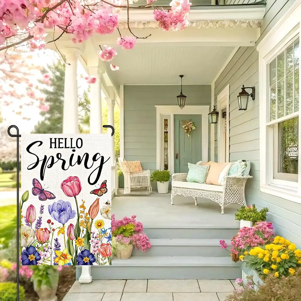 Hello Spring Garden Flag 12x18 Inch, Colorful Tulip & Wildflower Yard Flag with Butterflies, Double Sided Burlap Outdoor AAS