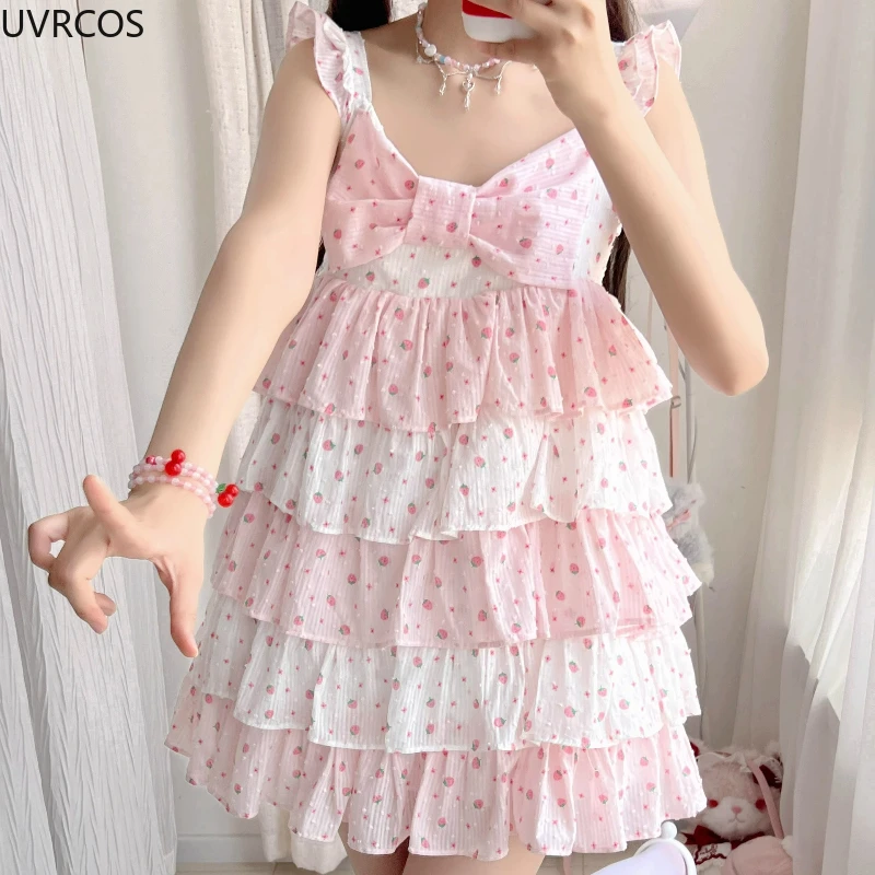 Abito stile dolce Lolita giapponese da donna con fiocco carino rosa stampa fragola senza maniche abiti da torta ragazze Kawaii Y2k mini abito da festa
