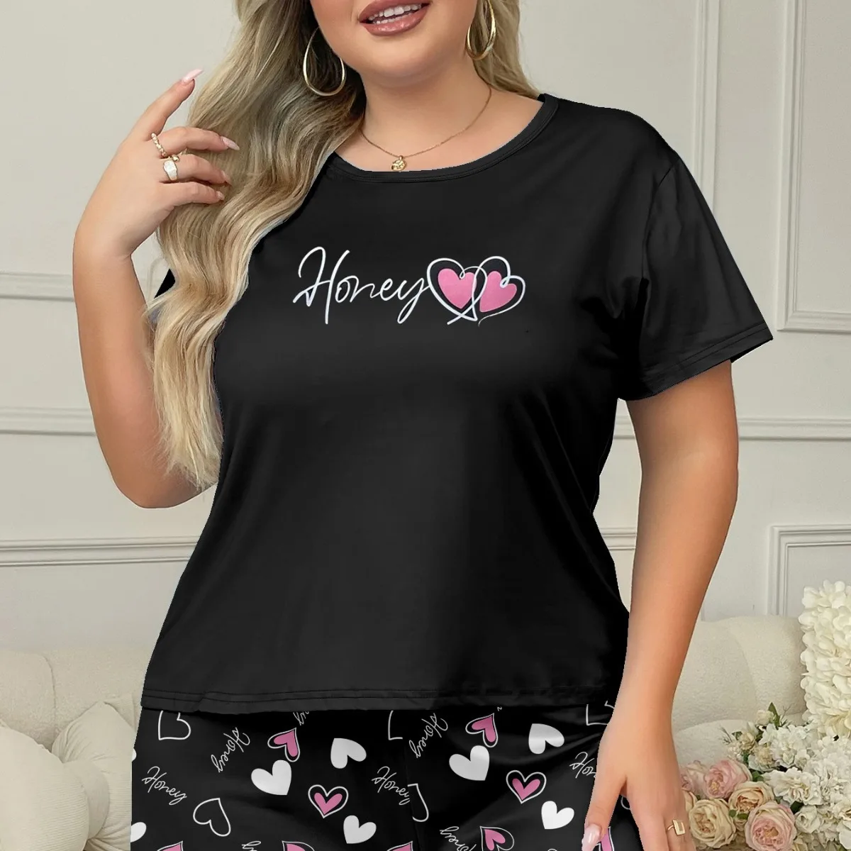 Европа и США, трансграничные новые пижамы с принтом «любовь», удобная повседневная одежда для дома, короткие футболки, комплект из двух предметов