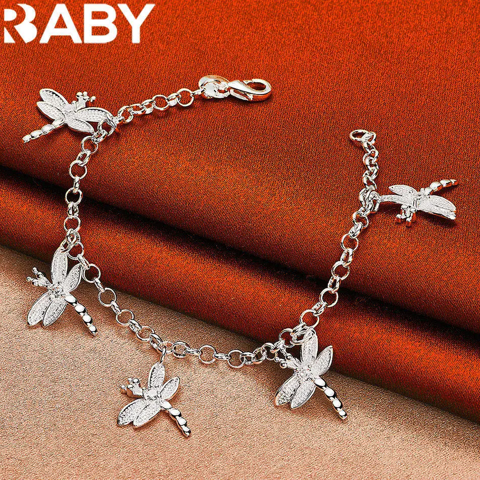 

URBABY 925 Sterling Silver Dragonfly Pendant Chain Bracelet For Women Fashion Jewelry Exquisite Party Accessories Holiday Gifts