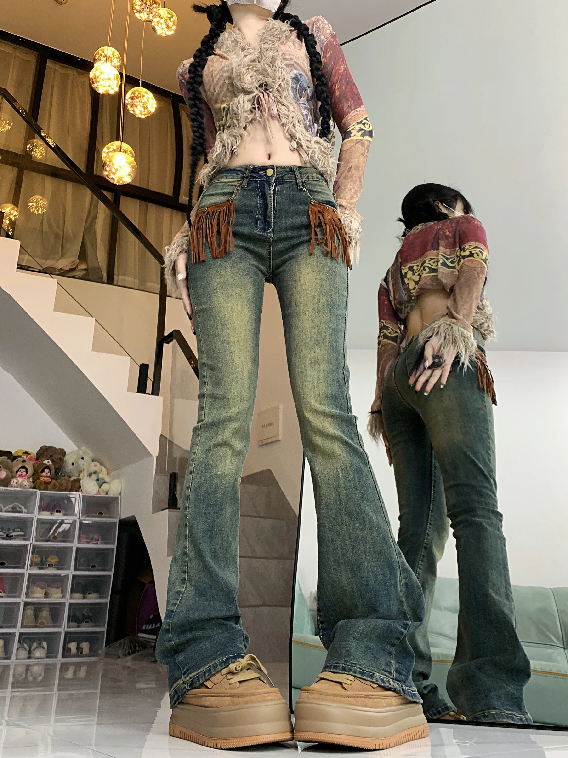 Wcfcx Studio Winter Vintage Jeans Vrouwen Hoge Taille Y 2K Chique Casual Flare Broek Dames Koreaanse Mode Kwast Denim Broek 2023