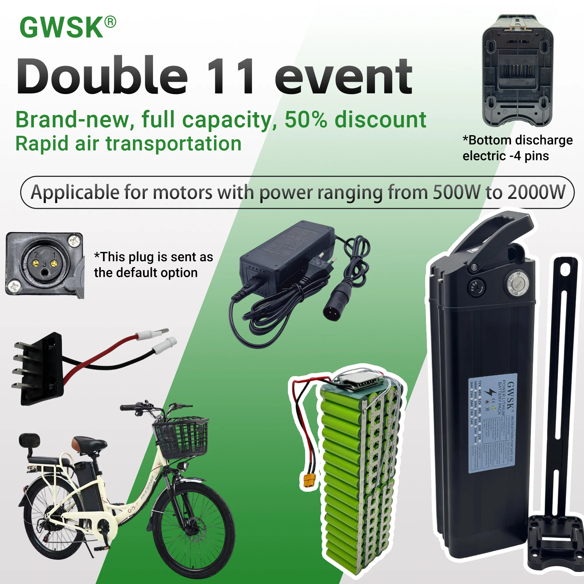 النقل الجوي، 48V36V24V، 20AH-50AH سعة حقيقية 100%، بطارية ليثيوم على شكل سمكة فضية مكونة من 4 سنون + شاحن #2