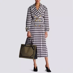 2024fwNew women's double-breasted fashion black and white diamondCheck belted long windbreaker y2k high quality houndstooth coat