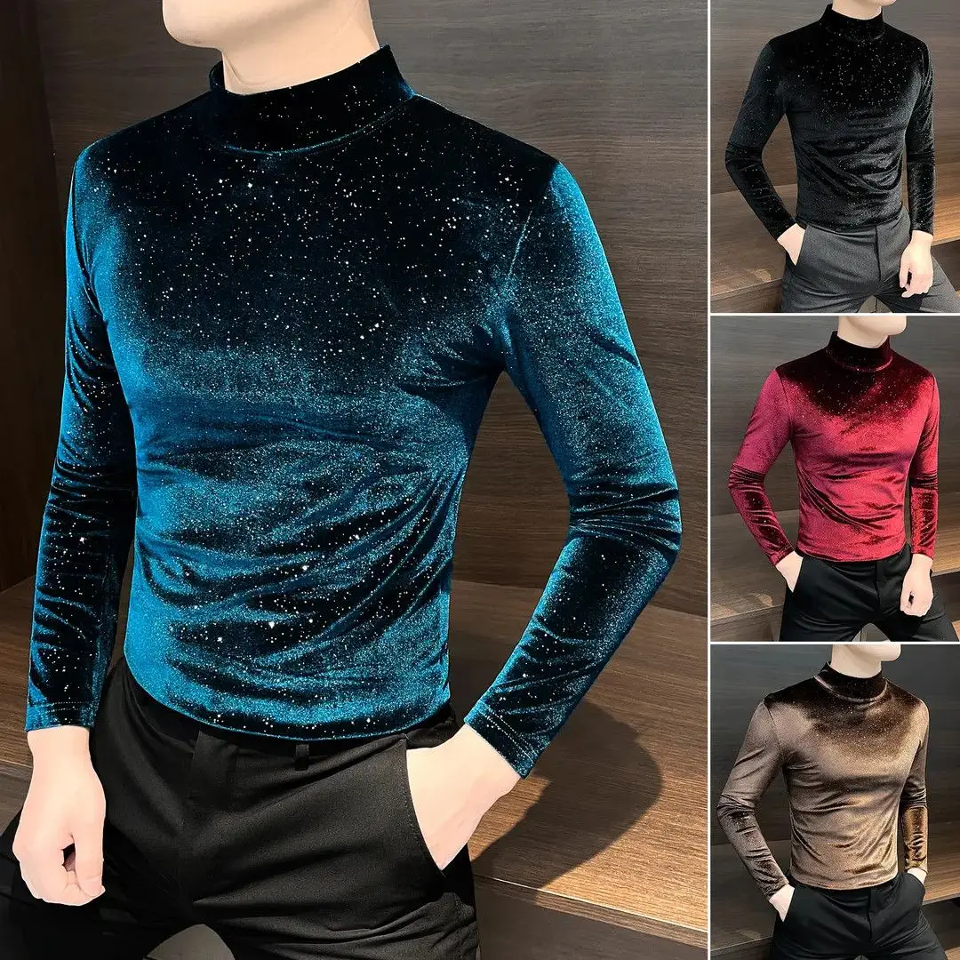 

Men's Gold Velvet Long Sve T-irt Casual f High Collar Base irt Autumn Wear Thi Winter Sle American Faion