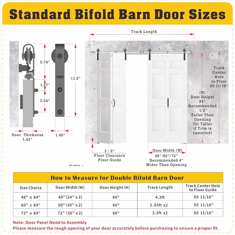 48"（24" x2） x 84" Bi-Folding Barn Door,   Pre-drilled Closet Door Slab, 4.3FT Track for 4 Finished Doors, MDF, White