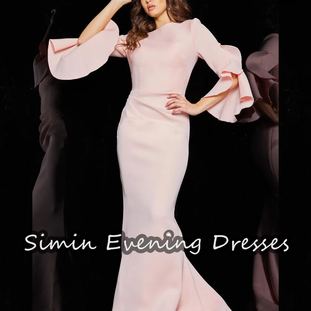 Simin Crepe Mermaid O-neck Pleats Simple Saudi Prom Gown Long Sleeves Floor-length Evening Elegant Party dresses for women 2024