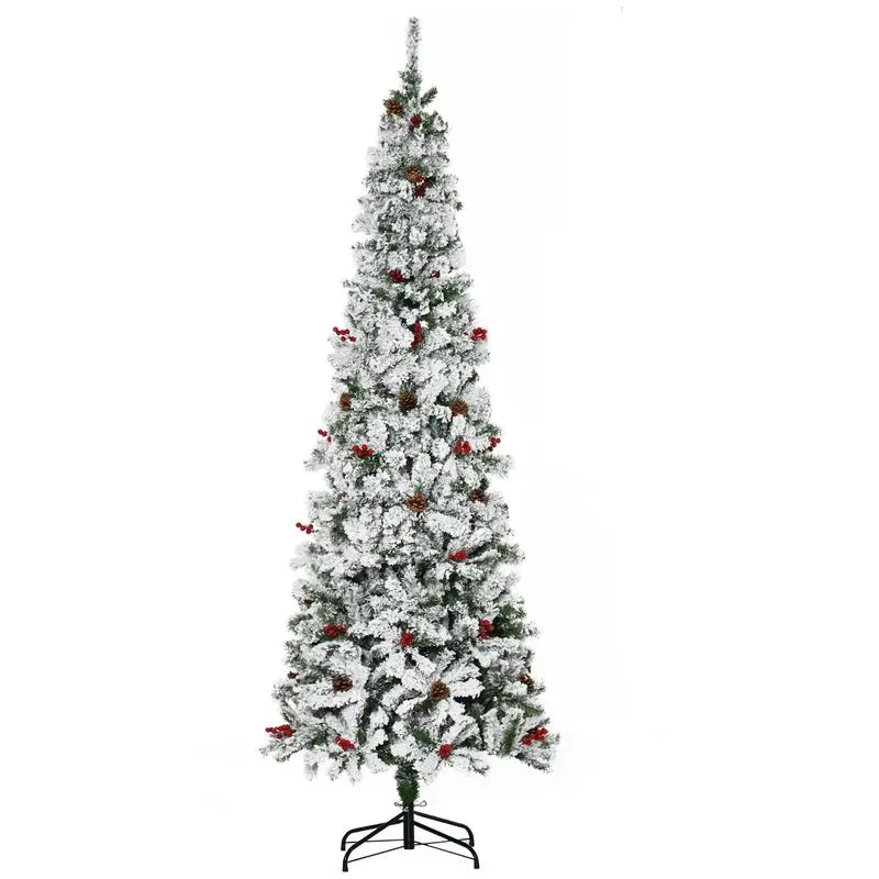 

7.5ft Pencil Snow Flocked Artificial Christmas Tree, 600 Realistic Branches, Pine Cones & Red Berries, Auto Open, Green Color