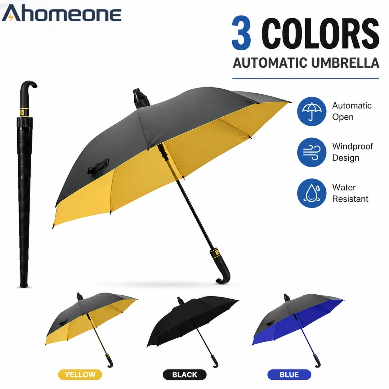 Parapluie de golf automatique double couche imperméable pour fortes pluies, résistant au vent, avec poignée longue et crochet incurvé, anti-tempête, 125 cm, avec housse, parapluie de golf robuste à