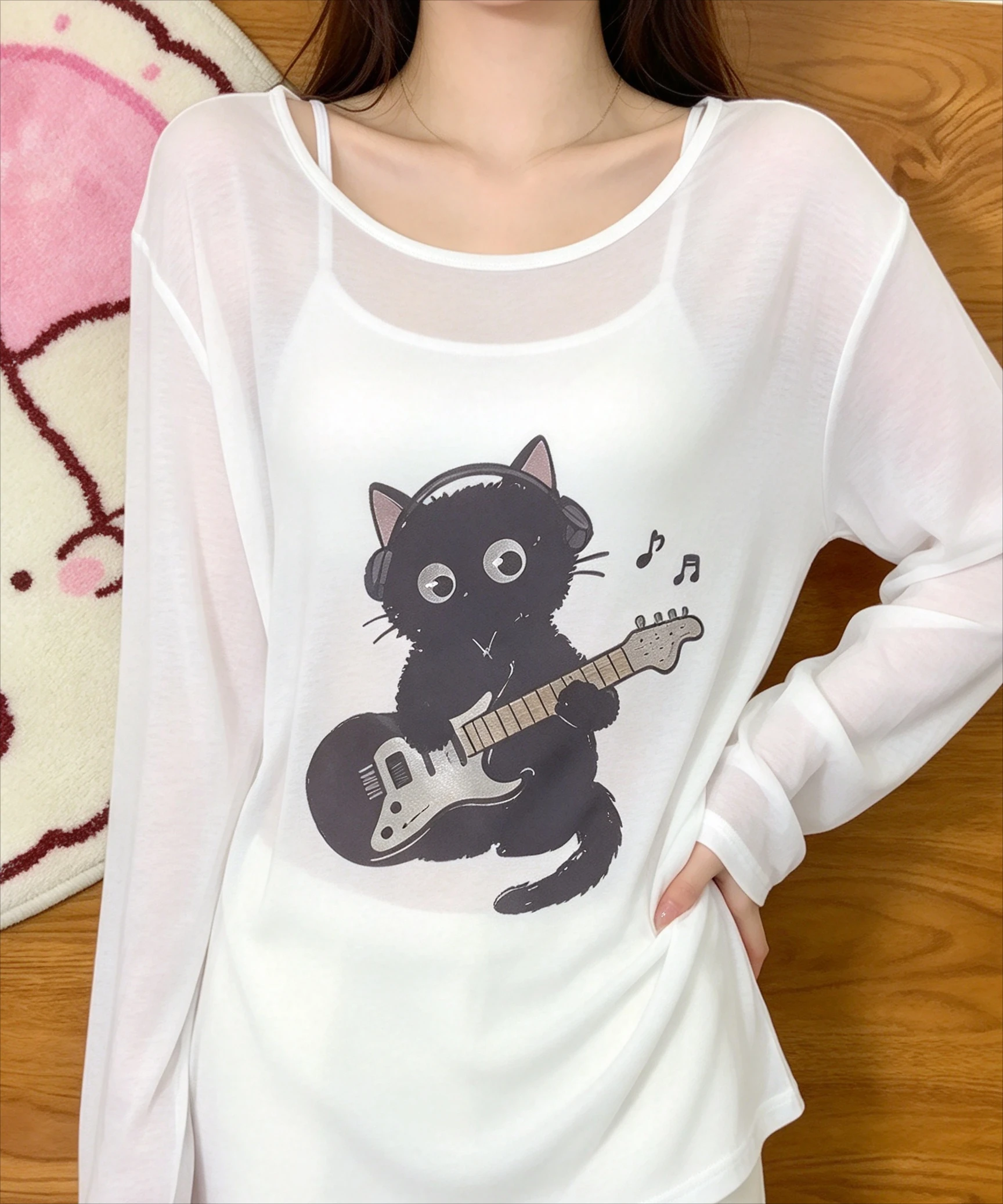 Women Sheer Long Sleeve Sun Protection Tops White Round Neck Cute Black Cat Guitar Print Thin Loose Breathable Summer Cover Tee