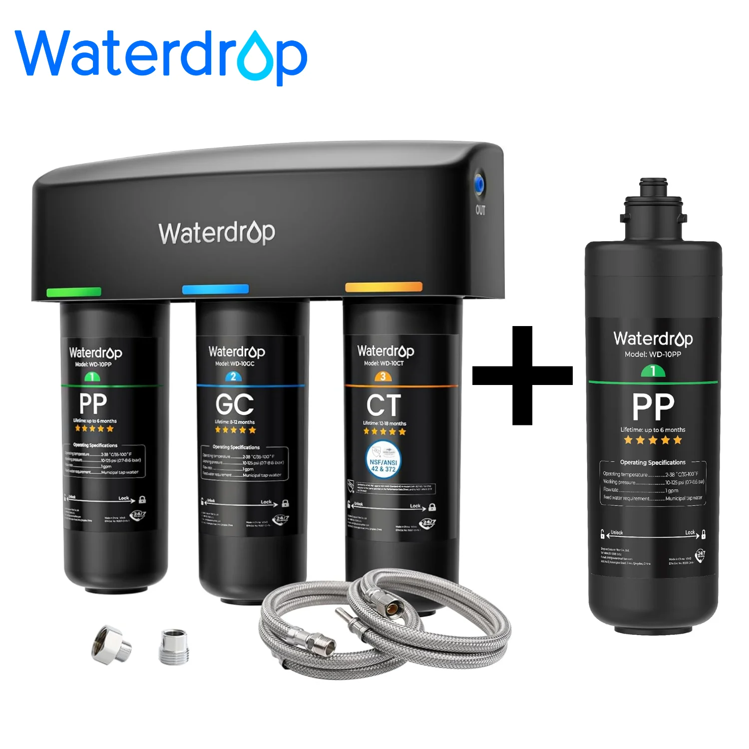 Waterdrop TSA 8 Layer Under Sink Water Filter System, Under Sink Water Filtration System, Reduces PFAS, PFOA/PFOS, Fluoride, Chlorine, Bad Taste & Odor, NSF/ANSI 42 Certified, Direct Connect to Faucet , Under Sink Water Filter System Extra 10PP - Black