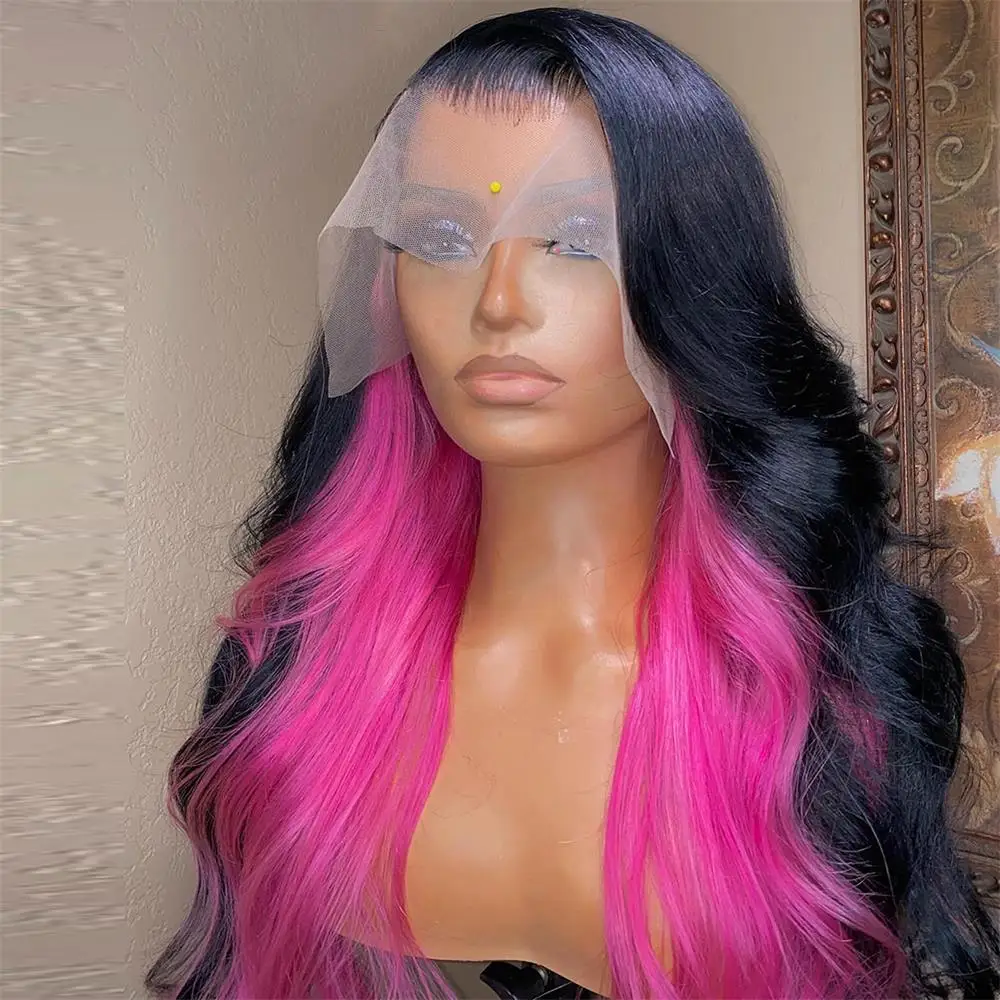 FANXITION Black/Pink Highlight Long Body Wave Synthetic Lace Front Wigs for Women Half Hand Tied Natural Looking Daily Wear Wigs