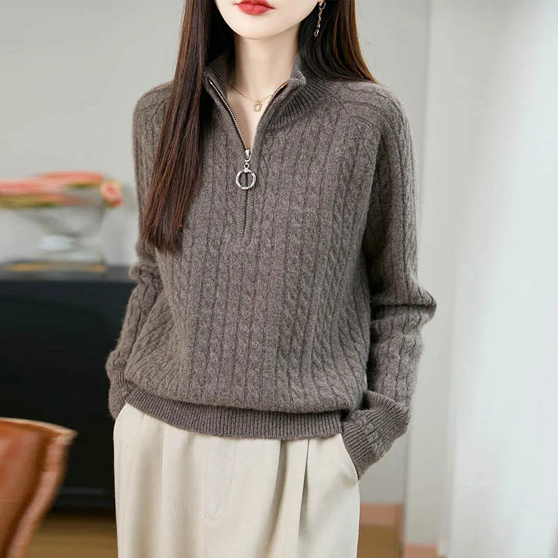 

Свитер, топы для женщин, зимний вязаный шерстяной пуловер, свободный повседневный пуловер на молнии с полуоткрытым воротником, теплые трикотажные кофты, трикотажная одежда