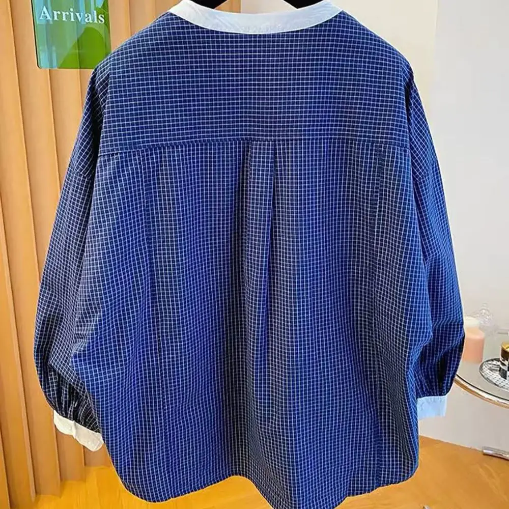 Mulheres em torno do pescoço azul xadrez camisas estilo coreano manga longa único breasted camisas primavera outono feminino casual solto casacos topos