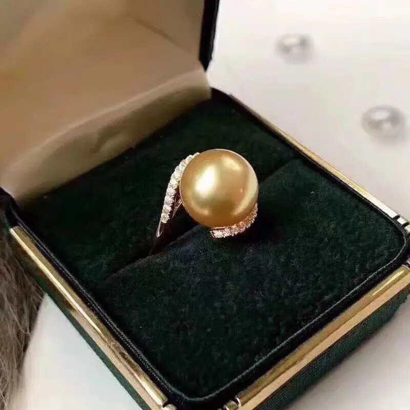 “huge Gorgeous AAAAA 10-11mm Round natural south sea Golden pearl ring 18kgp”