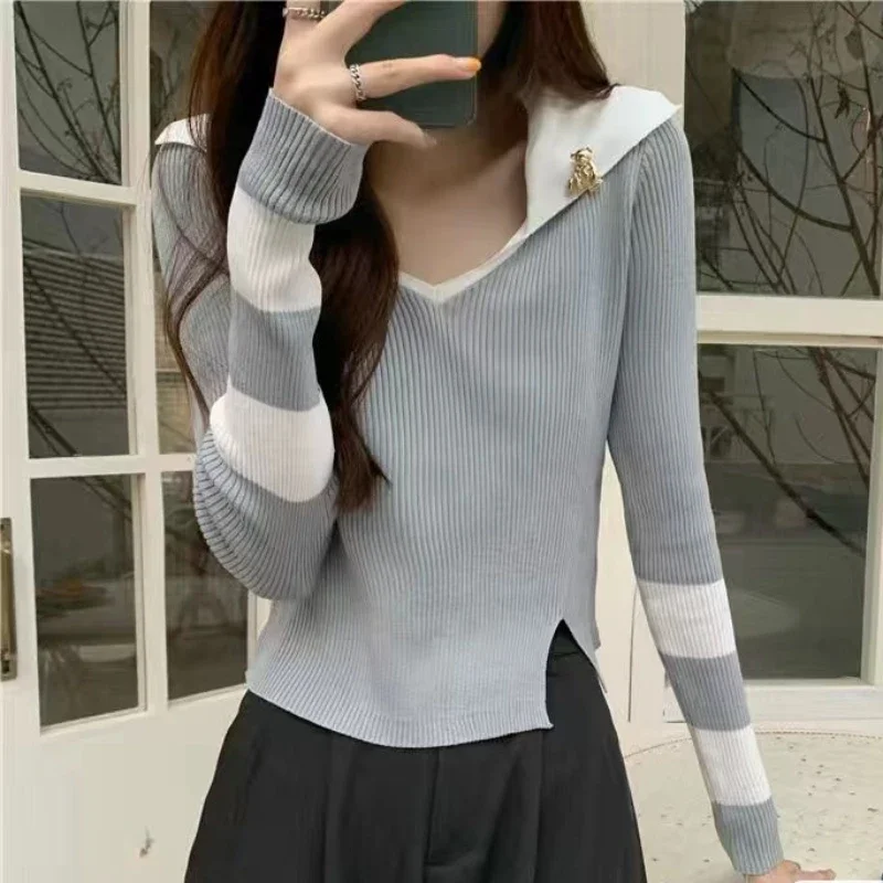 Truien Dames Slank Eenvoudig Breien Lente Ontwerp Patchwork Mode Turn-down Kraag Vrije tijd Elegant All-match Koreaanse stijl Nieuw