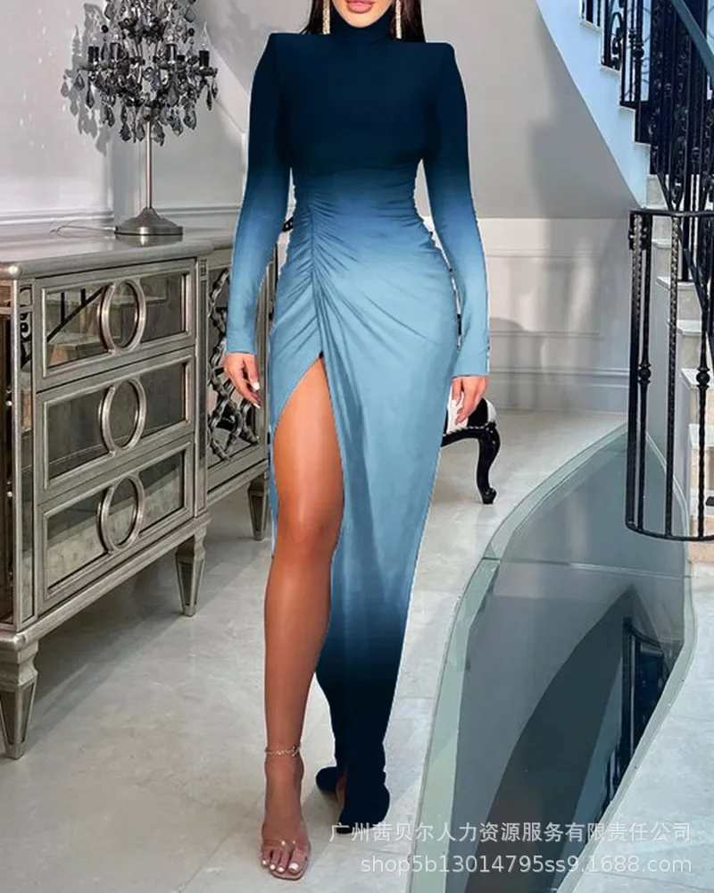 

Fashion Women's Dresses Gold Plated High Collar Shoulder Pad Slit Dress for Women