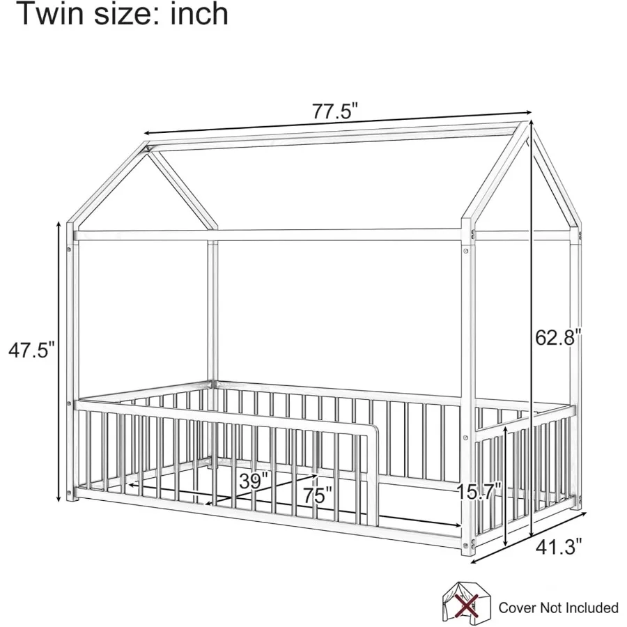 House-shaped floor bed for kids' bedroom, made of pine wood, white finish, with integrated safety fence and decorative roof