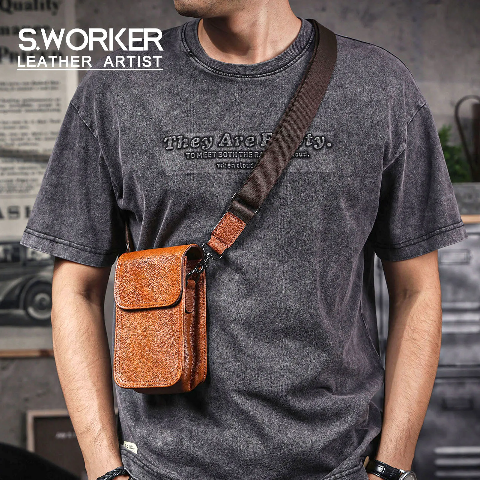 Echte Leder-Umhängetasche für Herren, Crossbody-Taschen, einfache Rindsleder-Gürteltasche, hochwertiges, pflanzlich gegerbtes Leder, modisch und lässig – Detail 2
