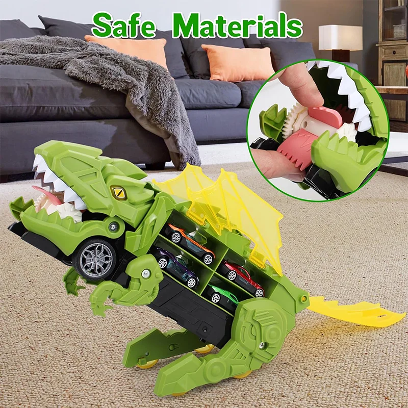 Dinosaur Transforms Car Toys for Kids Tyrannosaurus Rex Carrier Truck Monster Swallowing Vehicle with Race Track Tail Gift