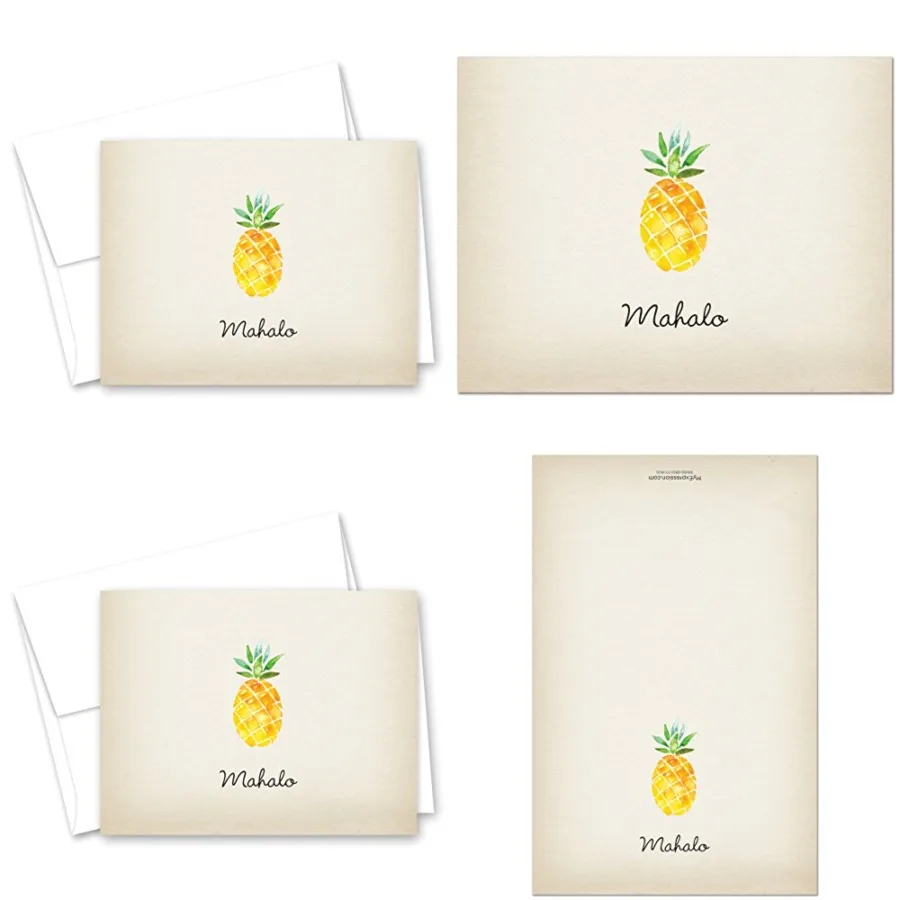 

50 Watercolor Rustic Pineapple Hawaiian Mahalo Thank You Cards + Envelopes