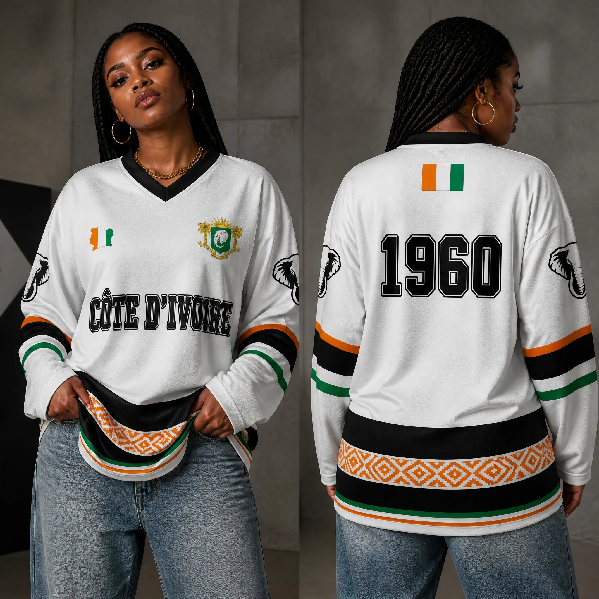 Ivory Coast Printed Women's Casual Loose Fit Sports T-Shirt Hip Hop Retro Street Style Top Women's V-Neck Long Sleeve T-Shirt