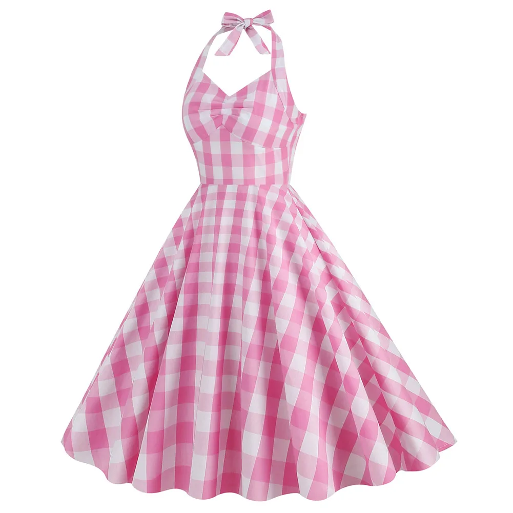 Margot Cosplay Fantasia Cute Pink Plaid Mid Dress 2023 Movie Barbei Costume Fantasy High Waist Large Swing Dress Halloween