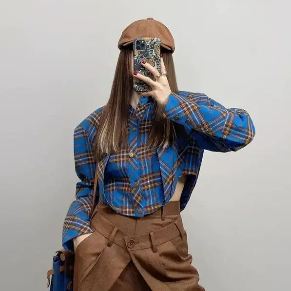 SALIENCY ربيع الخريف خمر منقوشة قميص المرأة طويلة الأكمام بلوزة واحدة الصدر قميص غير رسمي #4