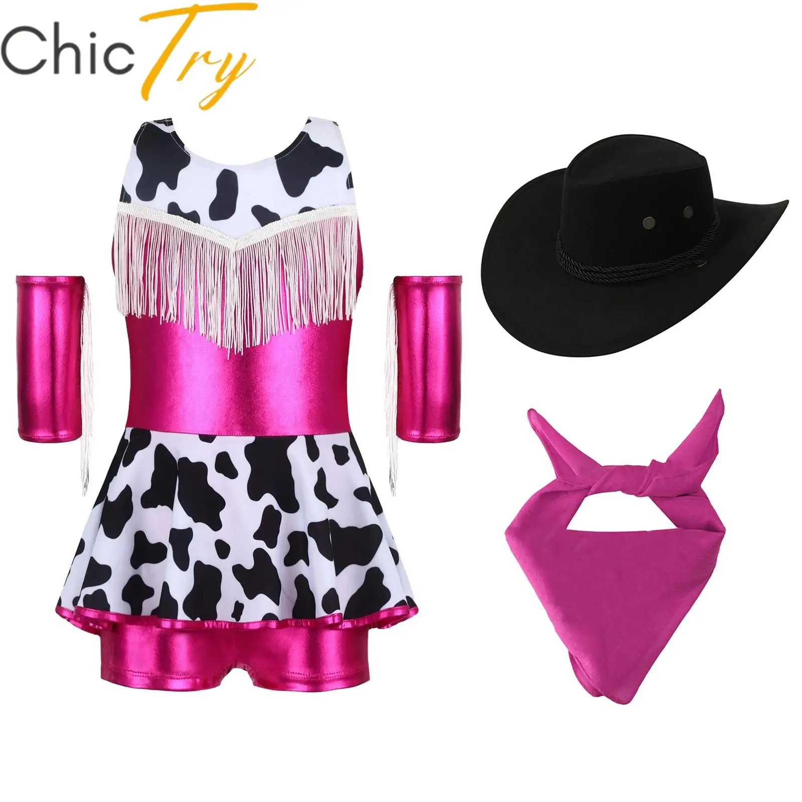 

Kids Girls Cowgirl Costume Cosplay Sets Metallic Gloss Back Cross Shoulder Straps Fringed Leotard with Oversleeve Scarf and Hat