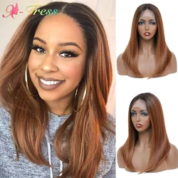 X-TRESS Ginger Straight Bob Lace Front Wigs With Baby Hair 16 Inch Ombre Brown Synthetic Short Bob Wig For Women Heat Resistant